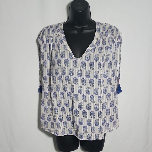 Anthropologie Tops - Anthropologie Ivory and Blue Patterned Blouse
